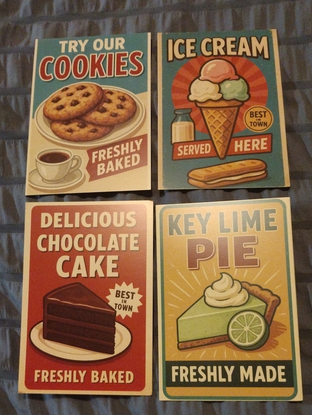 5 Retro Dessert Art. Choc. Chip Cookies,Ice Cream, Key Lime Pie, Choc. Cake